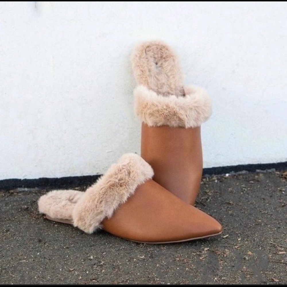 Cognac brown leather fur slip on mules loafers